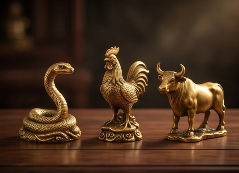 Mô hình mười hai con giáp bằng đồng mạ vàng với các biểu tượng Tỵ Dậu Sửu tam hợp