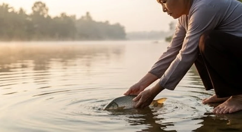 Văn khấn phóng sinh Rằm tháng 7: Bài chuẩn & cách thả an lành 3 Người dân thả cá chép xuống sông vào lúc sáng sớm khi thời tiết mát mẻ và nước tĩnh