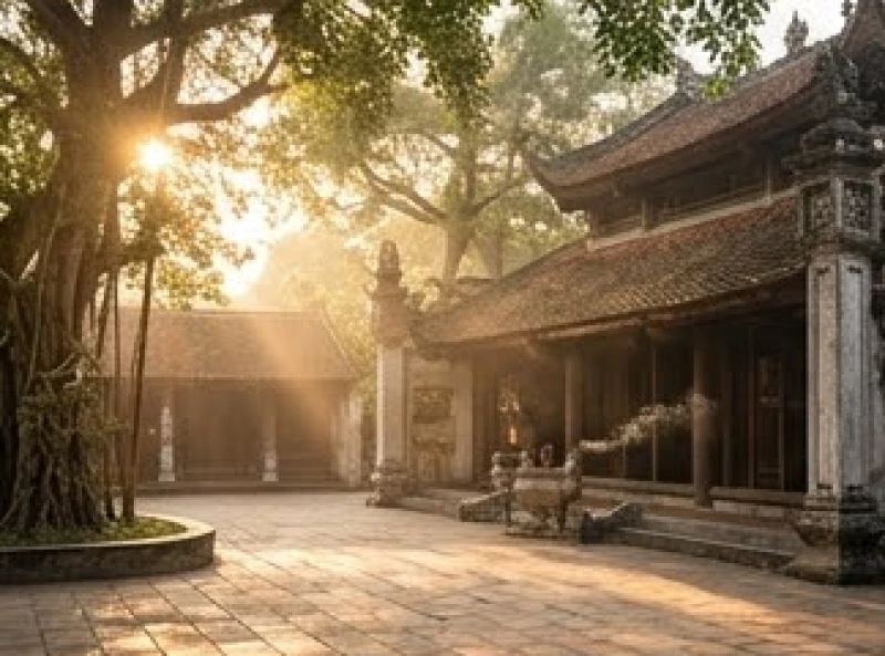 Ánh nắng ban mai chiếu rọi xuống khoảng sân vắng lặng của đền thờ vào khung giờ thanh tịnh