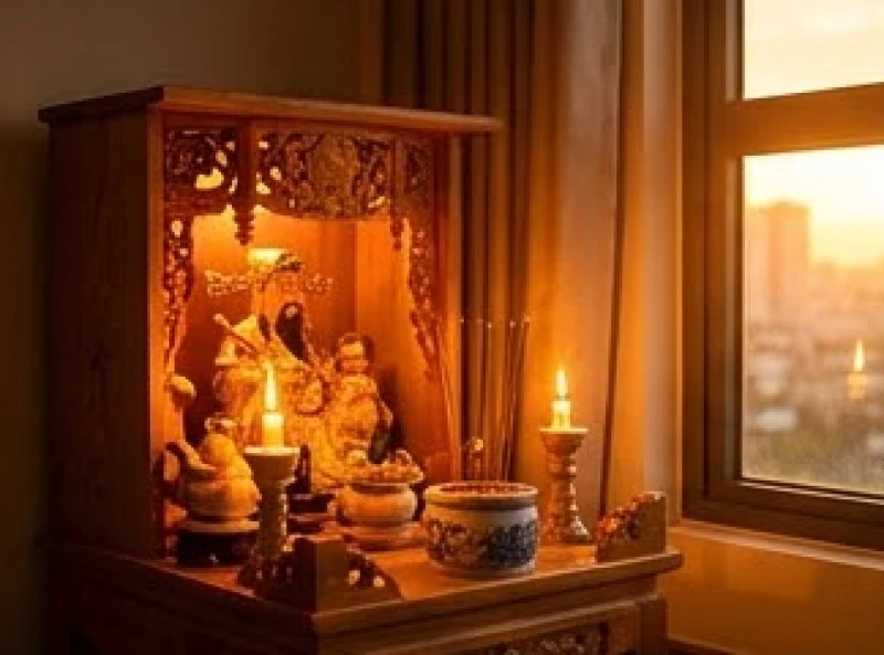 Ánh hoàng hôn ấm áp chiếu rọi lên bàn thờ Thổ Địa được thắp sáng bằng ngọn nến và nhang trầm
