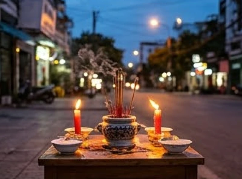 Bàn lễ cúng tỏa khói nhang nghi ngút dưới ánh đèn đường phố khi trời chập choạng tối