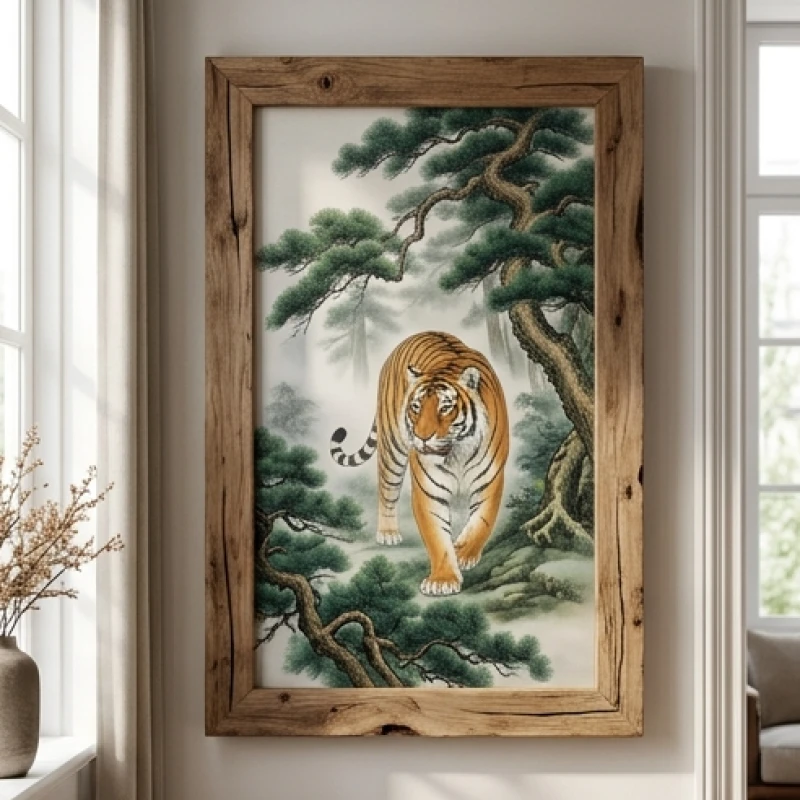 Bức tranh tơ lụa vẽ hổ dạo bước trong rừng tùng được lồng cẩn thận trong khung gỗ tự nhiên nguyên khối