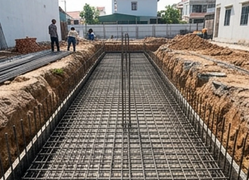Hệ thống khung thép đan lưới dày đặc chuẩn bị cho công đoạn đổ bê tông móng nhà đảm bảo sức chịu tải