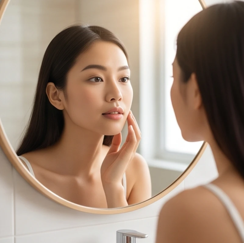 Người phụ nữ soi gương kiểm tra các đường nét trên khuôn mặt để phát hiện tình trạng tướng mặt lệch