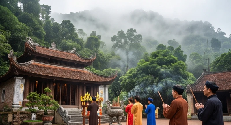 Văn khấn ngày tiệc Mẫu Đông Cuông: Bài cúng chuẩn danh xưng 1 Không gian khuôn viên đền Đông Cuông tấp nập du khách dâng hương trong ngày Mão đầu tháng hai