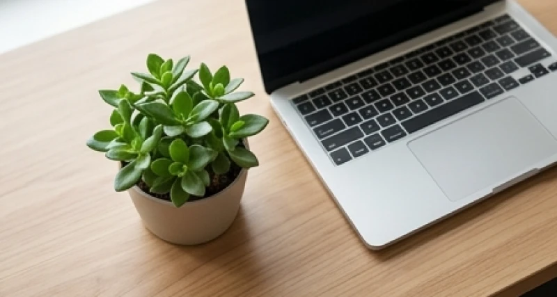 Đo đạc kích thước chậu cây cảnh mini có đường kính mười lăm centimet đặt cạnh laptop