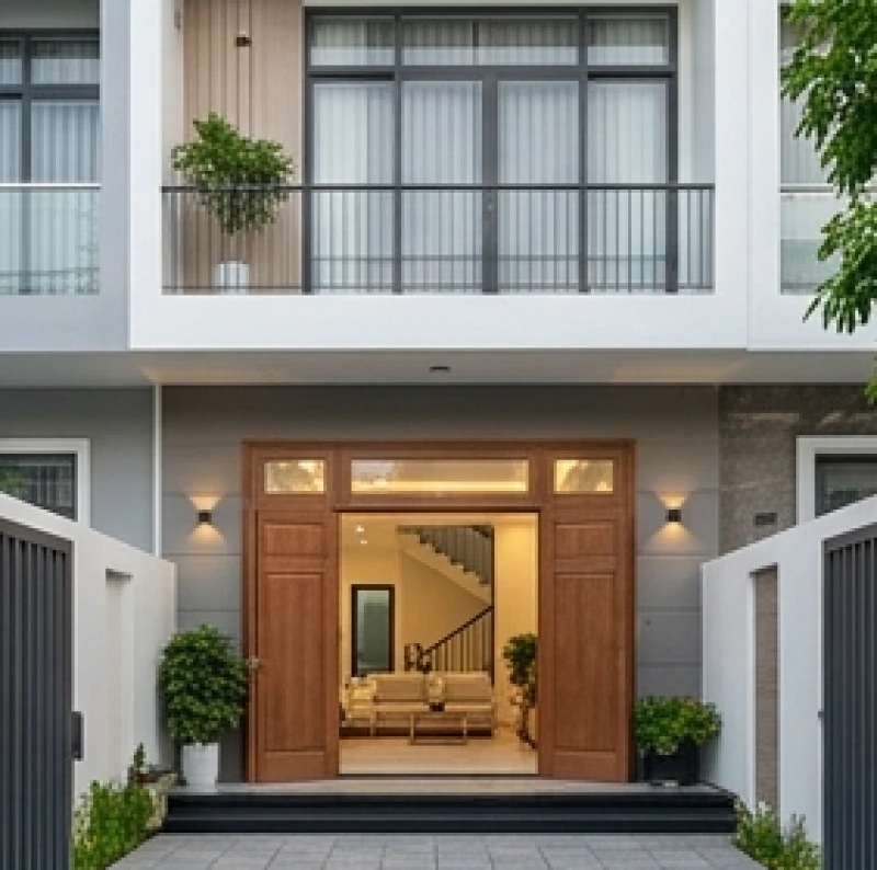 Mặt tiền nhà phố 6m với bộ cửa chính chiếm một nửa diện tích bề ngang tạo sự cân đối