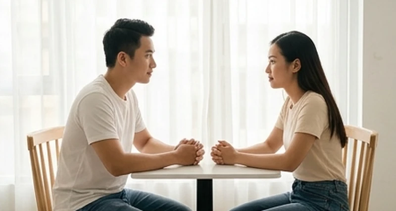 Đường tâm đạo ngắn: Mốc nhận diện chuẩn và cách hóa giải 5 Cặp đôi đang ngồi trò chuyện bình tĩnh và lắng nghe nhau để giải quyết mâu thuẫn
