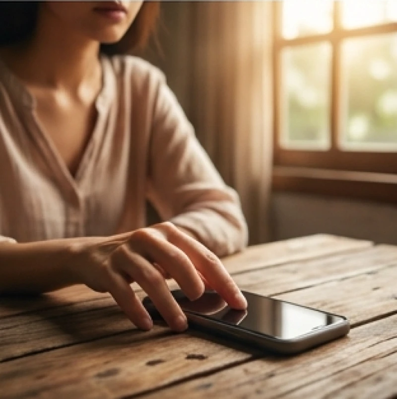 Một người úp màn hình điện thoại xuống bàn gỗ để ngắt kết nối và giữ bình tĩnh