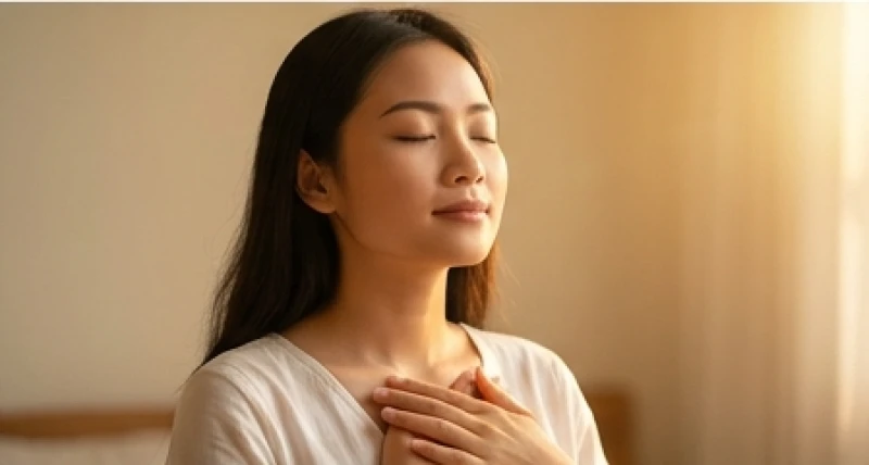 Cô gái nhắm mắt hít thở sâu để làm dịu tâm trí và quản trị những cơn sóng cảm xúc bất chợt