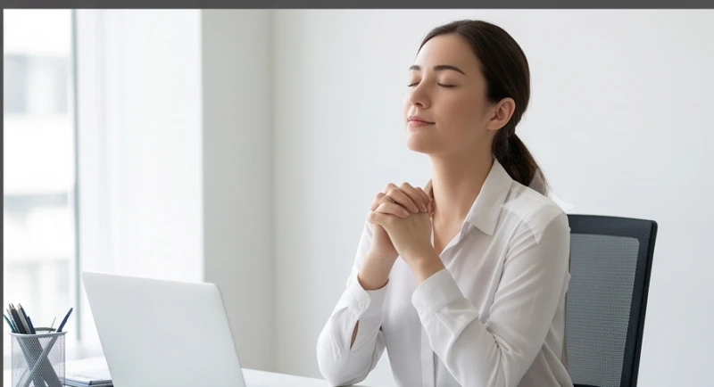 Một nhân viên văn phòng nhắm mắt hít thở sâu để giữ bình tĩnh trước khi phản hồi