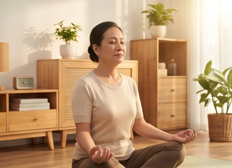 Sức khỏe tuổi Tỵ năm 2026: Phác đồ y khoa và lịch khám 2 Một người phụ nữ trung niên đang thực hành thiền định tại nhà để giảm thiểu căng thẳng