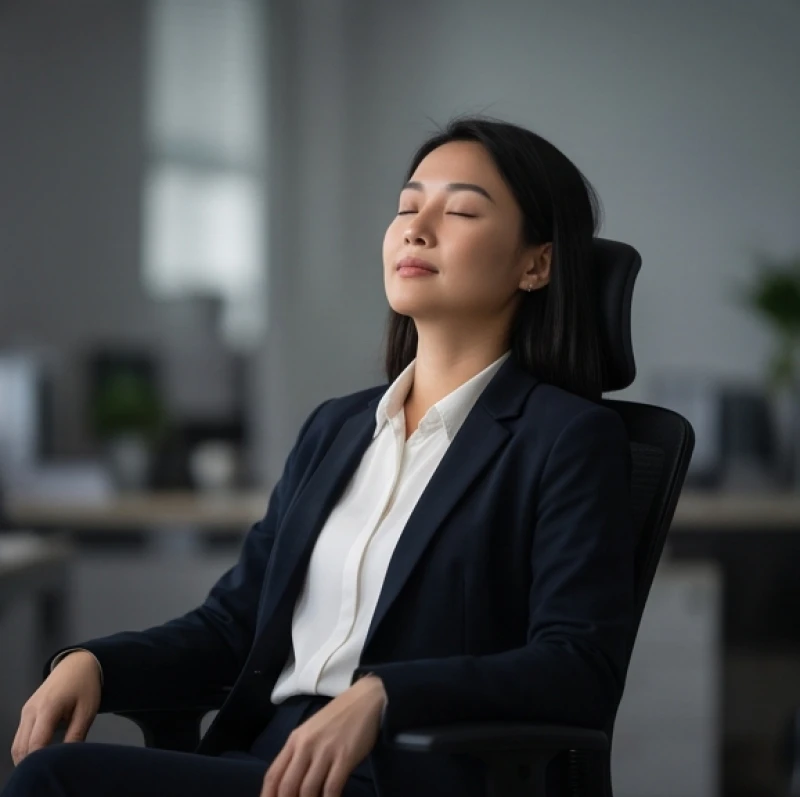 Một người đang ngồi nhắm mắt thư giãn hít thở sâu giữa không gian văn phòng mờ ảo để kiểm soát căng thẳng