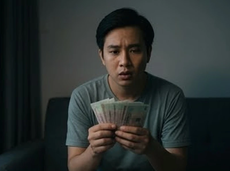 Gương mặt lo âu khi cầm xấp tiền thể hiện những áp lực vô thức về tài chính và các khoản chi tiêu
