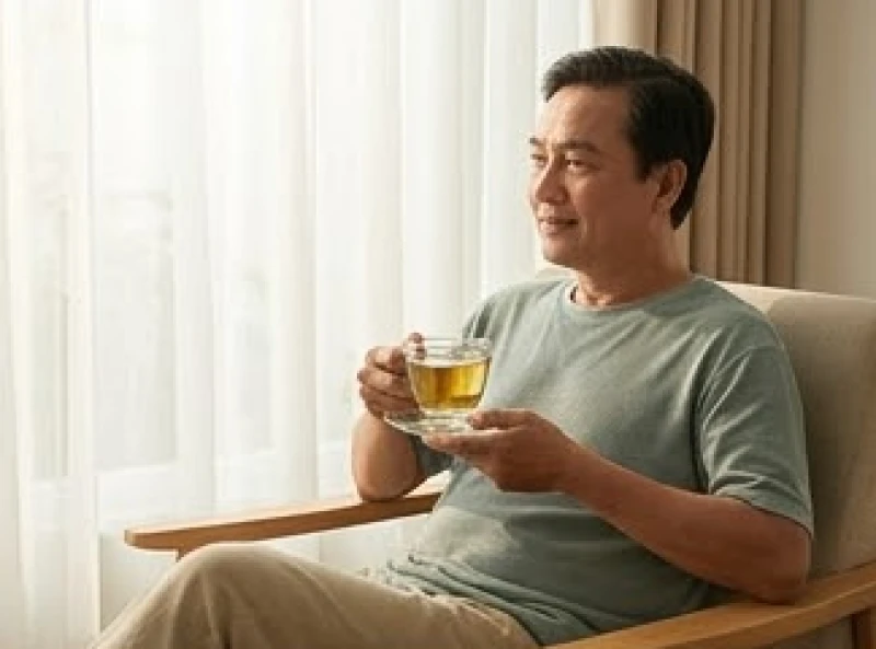 Sức khỏe tuổi Tỵ năm 2027: tầm soát bệnh lý theo từng nạp âm 2 Người trung niên thư giãn uống trà cân bằng lại thể trạng sau giờ làm việc