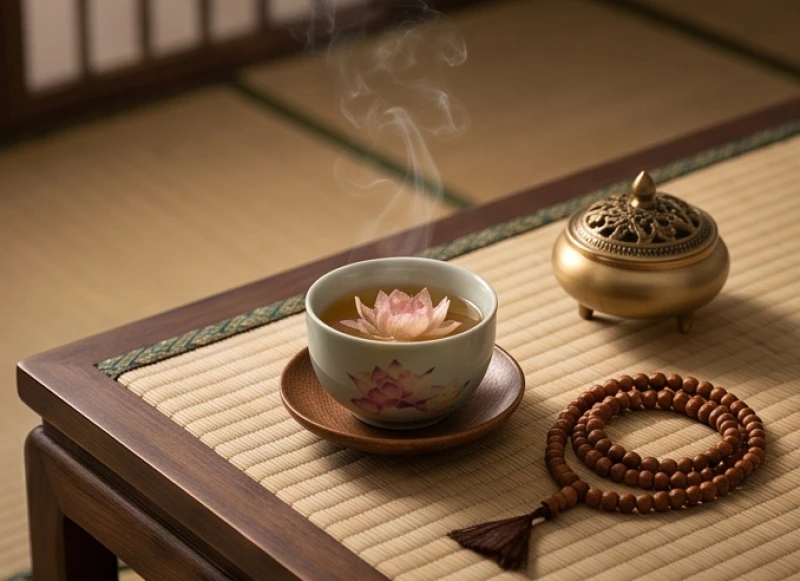 Không gian thiền định yên tĩnh với tách trà sen ấm nóng và chuỗi hạt gỗ trên bàn nhỏ