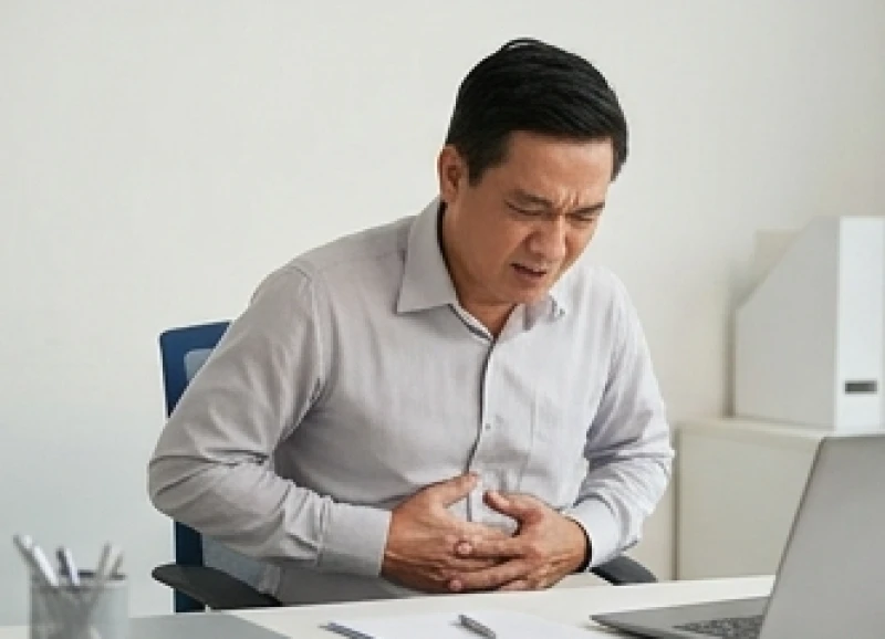 Sức khỏe tuổi Mùi năm 2027: Dự báo bệnh lý và lịch tháng hạn 5 Người đàn ông trung niên xoa bụng vị trí thượng vị do cơn đau dạ dày tái phát vì căng thẳng