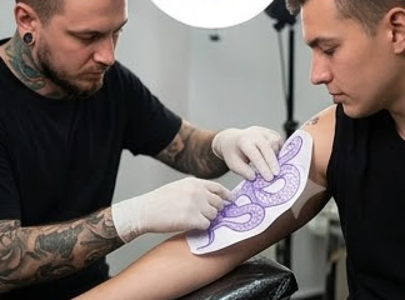 Khách hàng cùng thợ xăm kiểm tra kỹ lưỡng bản in thử stencil trước khi bắt đầu quy trình xăm
