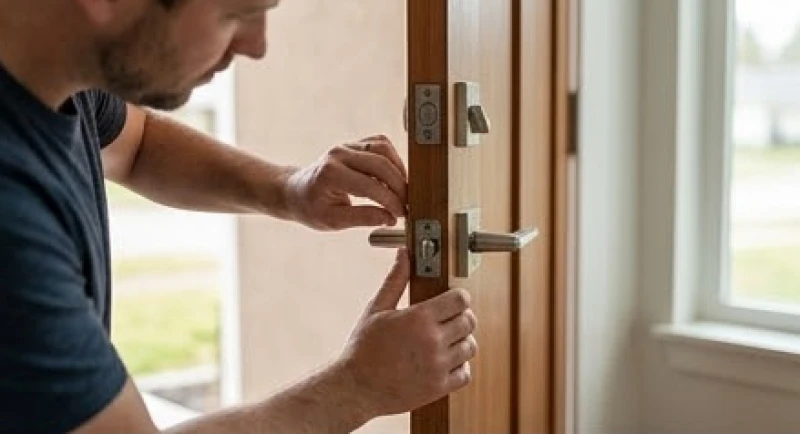 Người đàn ông đang kiểm tra chốt khóa và bản lề cánh cửa gỗ trong phòng khách để tìm nguyên nhân vật lý