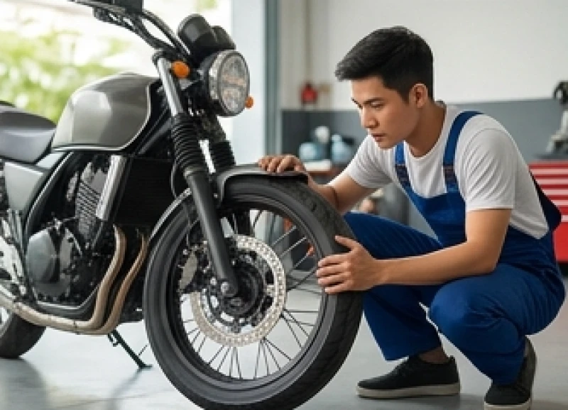 Thanh niên cẩn thận kiểm tra các bộ phận của xe máy trước khi bắt đầu hành trình xa
