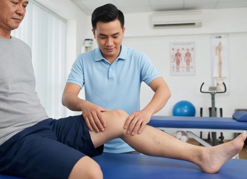Sức khỏe tuổi Dần năm 2026: Bản đồ tầm soát theo độ tuổi 2 Chuyên gia vật lý trị liệu đánh giá và kiểm tra chấn thương thể chất ở vùng khớp gối của bệnh nhân nam