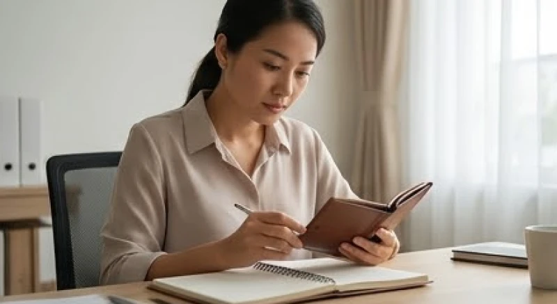 Người phụ nữ cẩn thận ghi chép sổ sách và kiểm tra lại ví tiền trên bàn làm việc