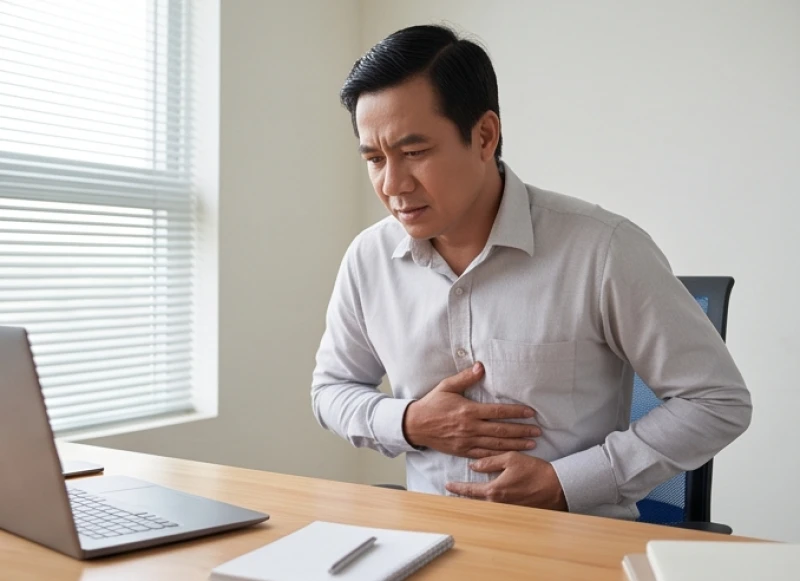 Sức khỏe tuổi Mão năm 2027: Dự báo rủi ro nam nữ và 5 nạp âm 3 Nam giới đang ôm bụng mệt mỏi tại bàn làm việc biểu hiện của chứng trào ngược dạ dày do áp lực công việc
