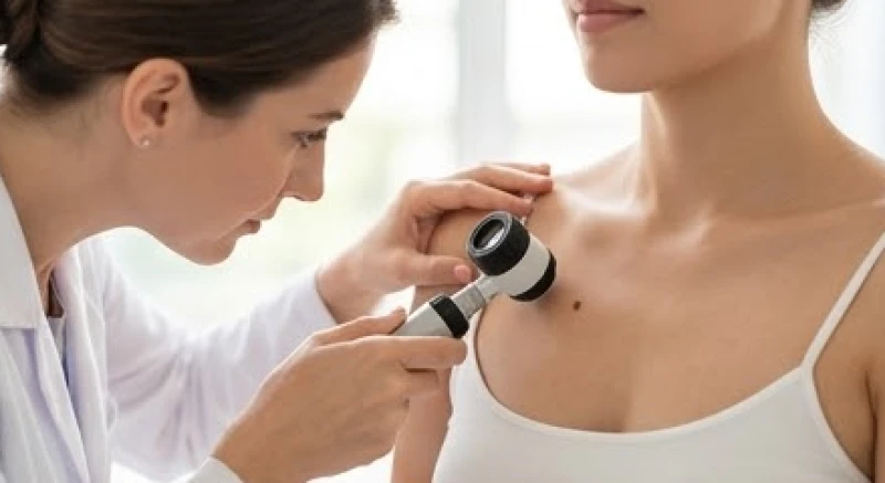 Bác sĩ da liễu sử dụng thiết bị chuyên dụng để soi chi tiết cấu trúc nốt ruồi ở ngực của bệnh nhân