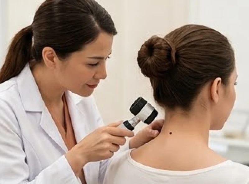 Bác sĩ da liễu dùng thiết bị soi da chuyên dụng để kiểm tra nốt ruồi sau gáy cho bệnh nhân