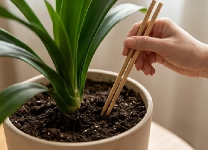Cây trồng trong nhà hợp tuổi Tý: Vị trí Bát trạch & lịch tưới 11 Một người đang dùng đũa gỗ cắm sâu vào lớp đất mặt của chậu cây để kiểm tra lượng nước