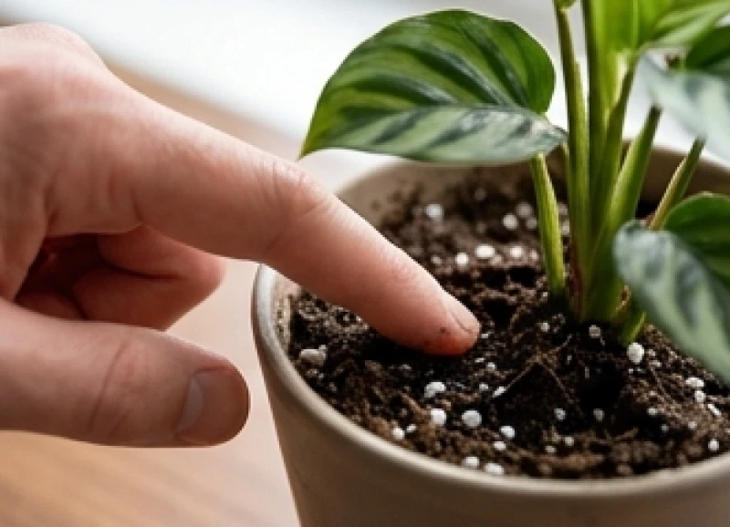 Cây để bàn hợp tuổi Dần: Định lượng nước và tọa độ chiêu tài 9 Ngón tay ấn nhẹ vào bề mặt đất tơi xốp của chậu cây mini để kiểm tra tình trạng giữ nước