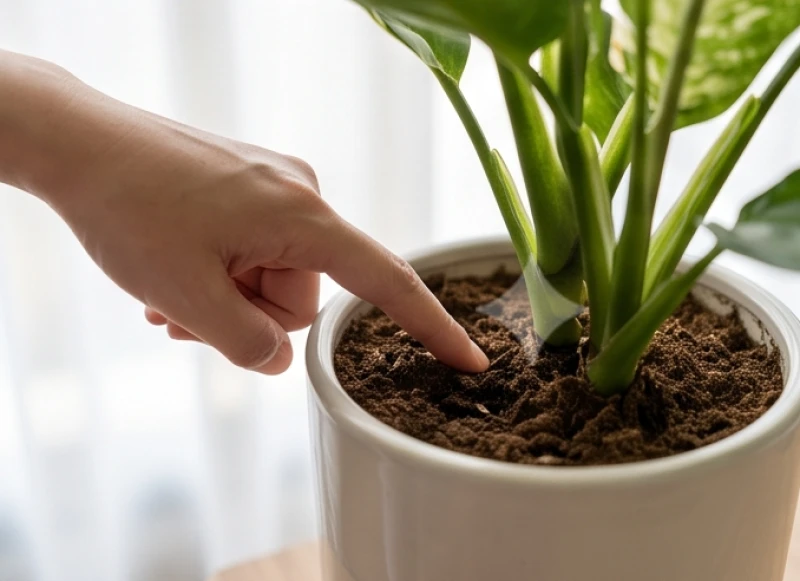 Dùng đốt ngón tay trỏ ấn nhẹ xuống lớp đất trong chậu để kiểm tra mức độ ẩm trước khi quyết định tưới nước