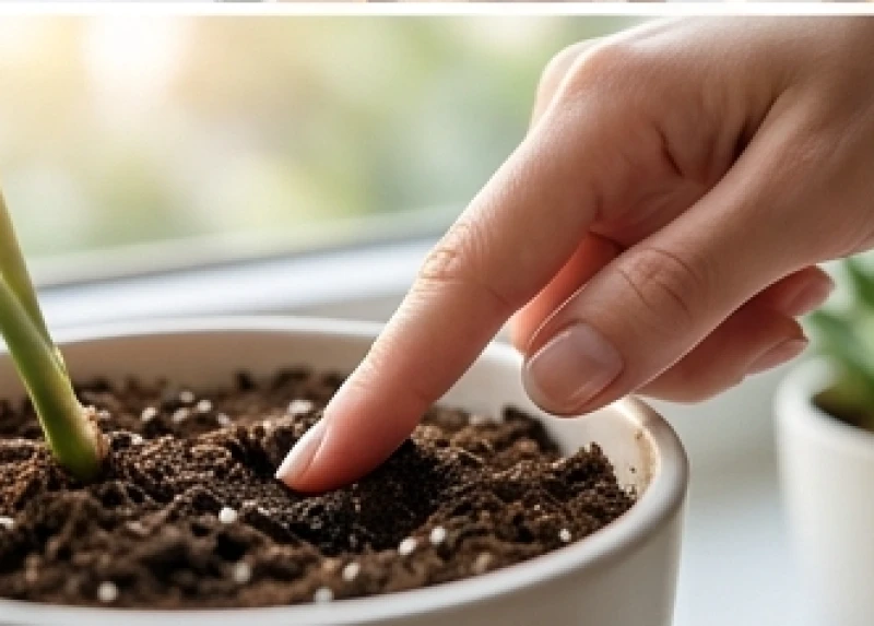 Dùng ngón tay ấn nhẹ vào lớp đất trong chậu cây để kiểm tra độ ẩm thực tế trước khi tưới