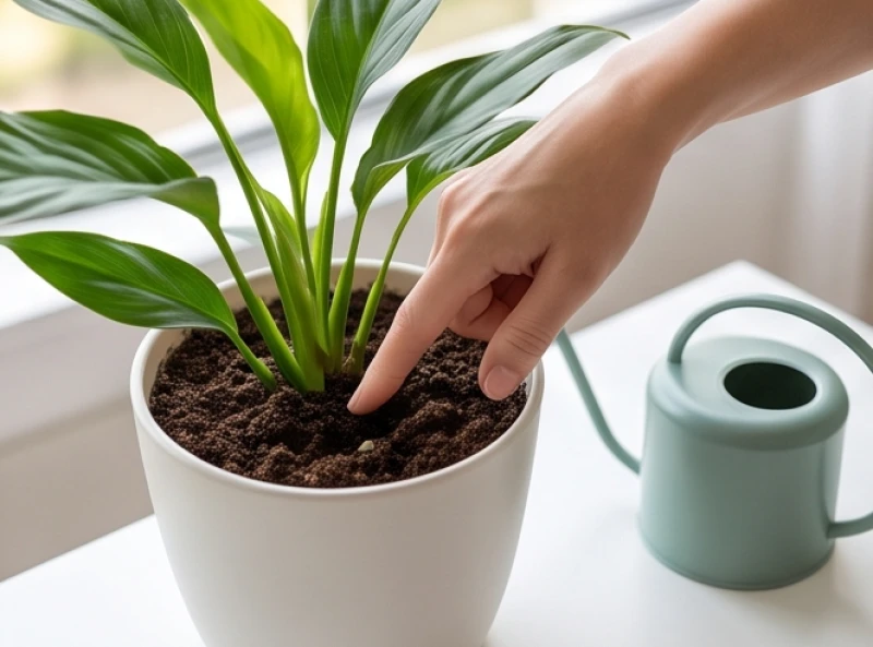 Một tay người đang nhẹ nhàng ấn ngón tay vào lớp đất mặt của chậu cây để kiểm tra độ ẩm
