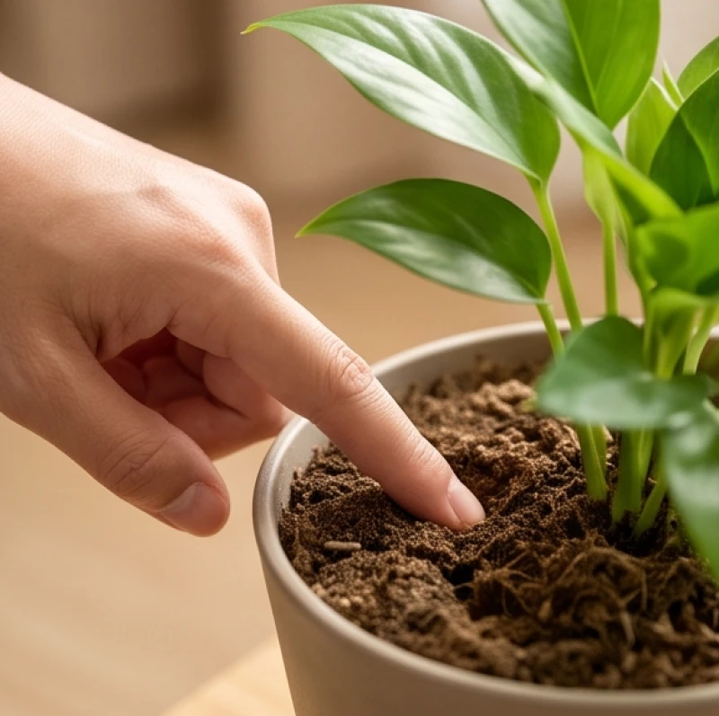Dùng ngón tay ấn nhẹ vào lớp đất mặt cách 2-3cm để kiểm tra độ ẩm trước khi tưới nước cho cây