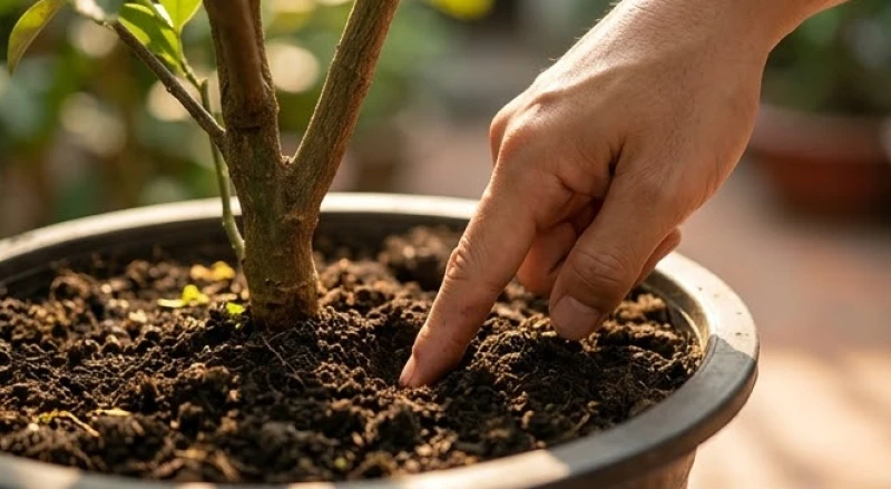Dùng ngón tay chạm sâu vào lớp đất mặt để đo độ ẩm trước khi quyết định tưới thêm nước