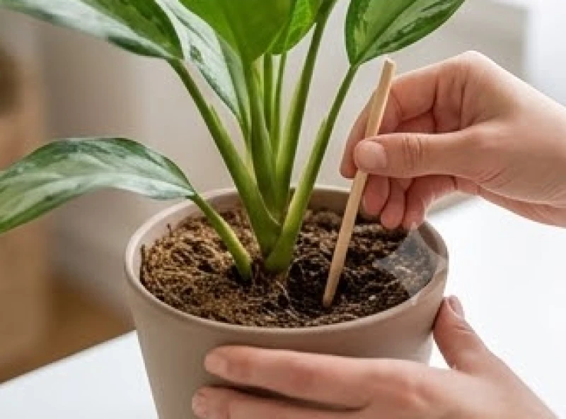 Dùng que gỗ nhỏ cắm vào lớp đất mặt của chậu cây để kiểm tra độ ẩm trước khi tưới