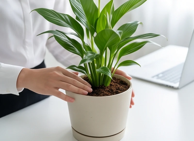 Đôi tay nhẹ nhàng chạm vào bề mặt đất chậu cây để bàn kiểm tra độ ẩm trước khi quyết định tưới nước