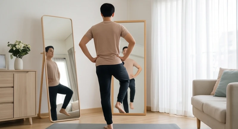 Thực hiện bài kiểm tra đứng một chân trước gương để đánh giá độ sụt lún của vùng hông và cơ mông