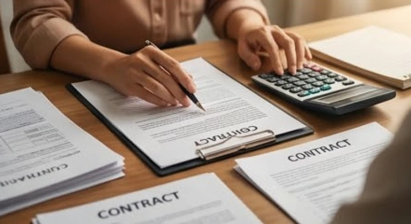 Đôi bàn tay đang cẩn thận sắp xếp lại các hợp đồng và hồ sơ tài chính quan trọng để phòng ngừa rủi ro