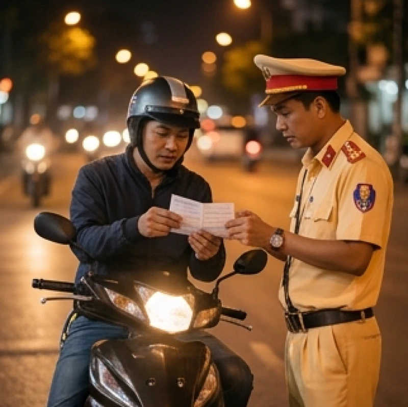 Mơ thấy cảnh sát giao thông: Điềm báo, tâm lý & cách hóa giải 2 Người đi xe máy xuất trình giấy tờ cho lực lượng chức năng kiểm tra tại một tuyến đường nội đô