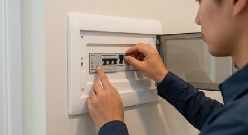 Bàn tay đang kiểm tra cẩn thận hệ thống bảng điện trong nhà để đảm bảo an toàn sau khi gặp ác mộng về cháy nổ