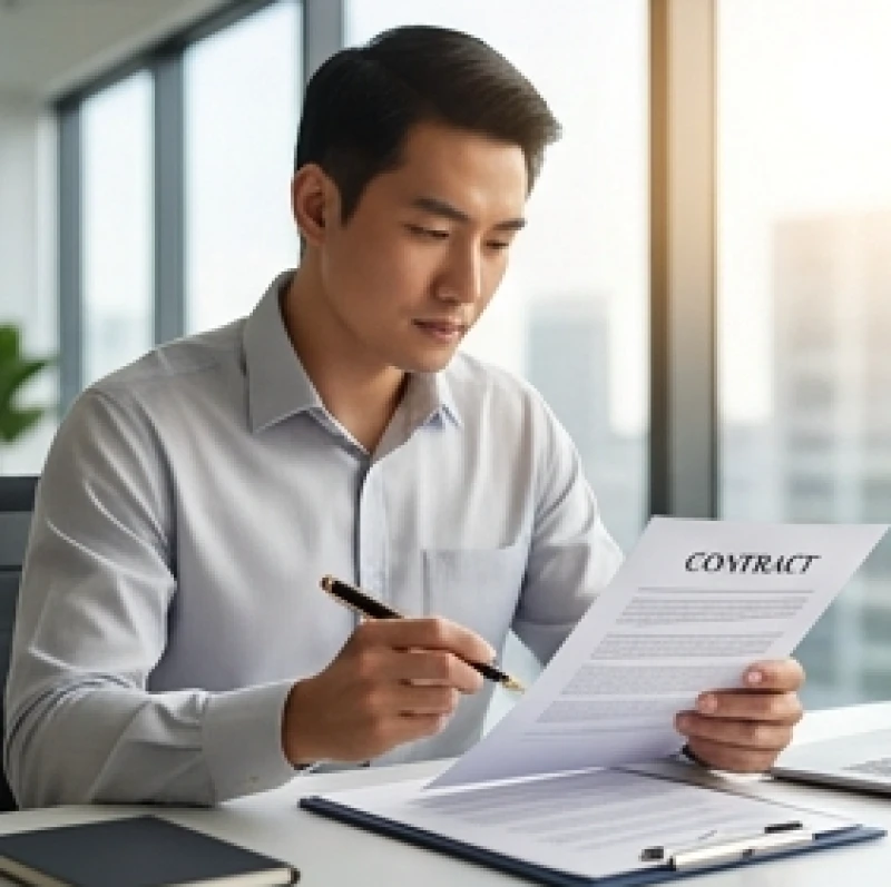 Người đàn ông tập trung đọc kỹ các điều khoản trong hợp đồng kinh doanh