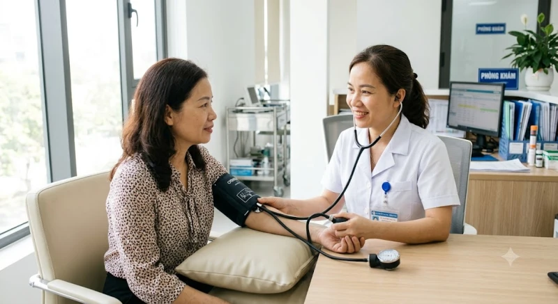Bác sĩ đang tiến hành đo huyết áp định kỳ cho bệnh nhân để đánh giá chính xác mức độ lưu thông máu