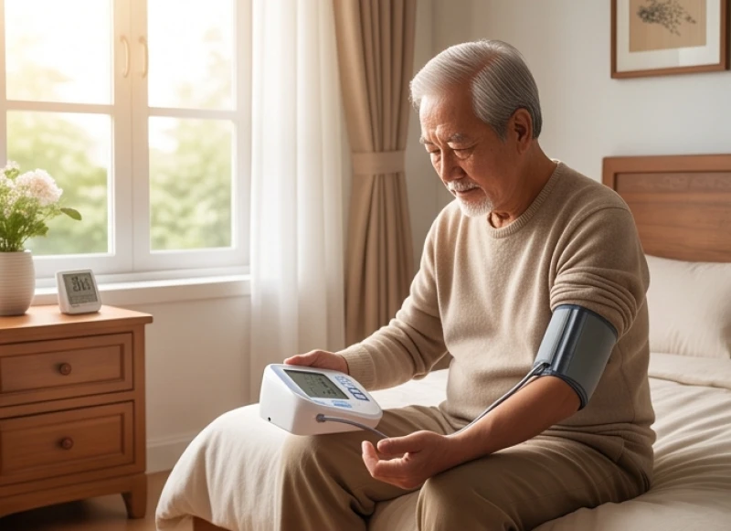 Người nam cao tuổi đang sử dụng máy đo huyết áp tại nhà để theo dõi sức khỏe hệ tim mạch