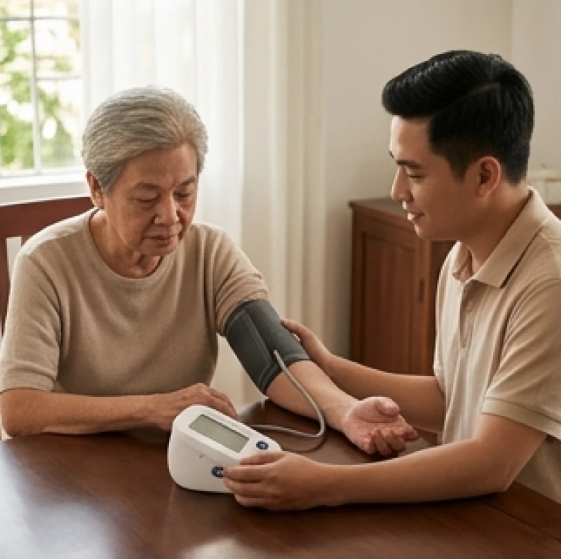 Người lớn tuổi tự kiểm tra huyết áp tại nhà để theo dõi sức khỏe tim mạch khi thời tiết thay đổi