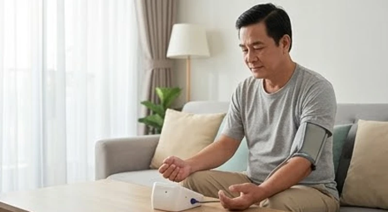 Sức khỏe tuổi Tuất năm 2027: Cảnh báo bệnh lý và cách hóa giải 2 Nam giới tuổi trung niên đang tự đo huyết áp tại nhà để theo dõi sức khỏe và phòng tránh nguy cơ tim mạch