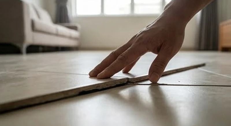 Bàn tay sờ ngang qua khe nứt trên mặt sàn gạch để kiểm tra độ vênh và chênh lệch mặt phẳng
