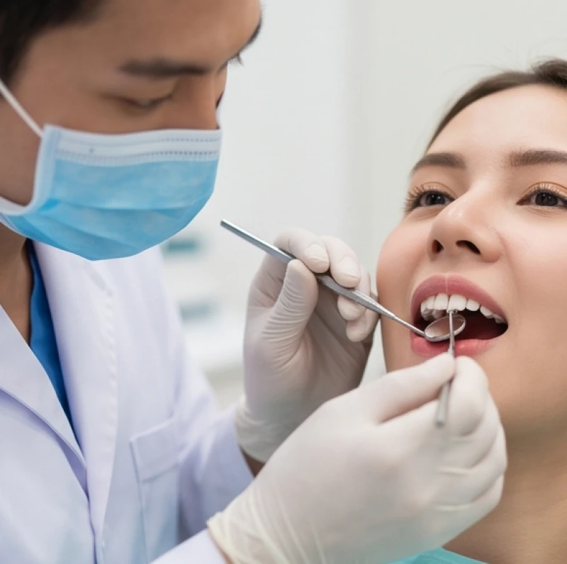 Bác sĩ nha khoa kiểm tra độ lệch của kẽ hai răng cửa so với trục dọc khuôn mặt bệnh nhân
