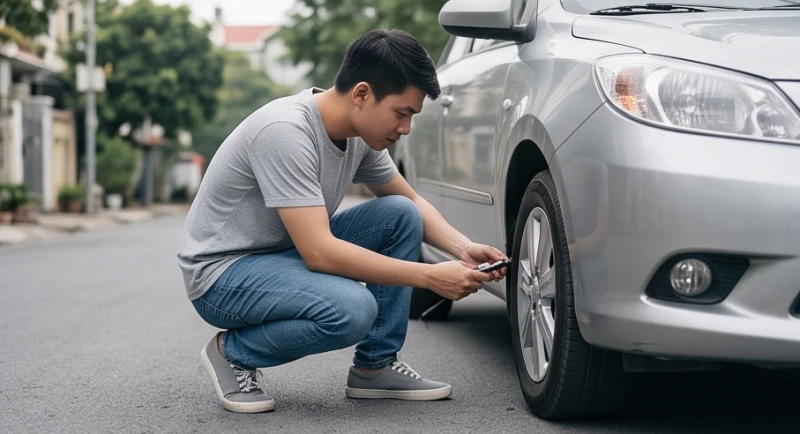 Nam thanh niên cúi xuống kiểm tra độ mòn và áp suất của lốp xe ô tô cẩn thận